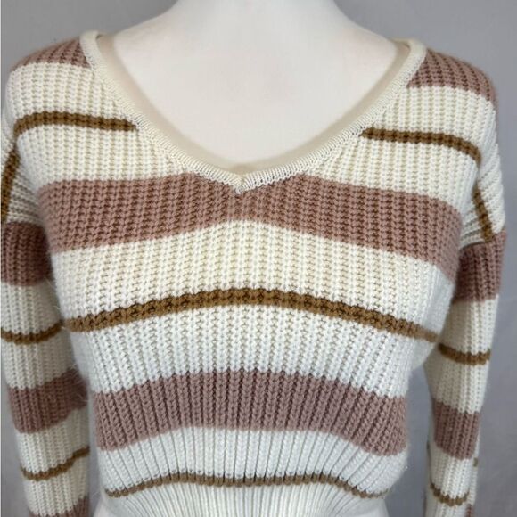 Cream blush pink and mocha color block striped cropped sweater size 4 - Picture 2 of 5